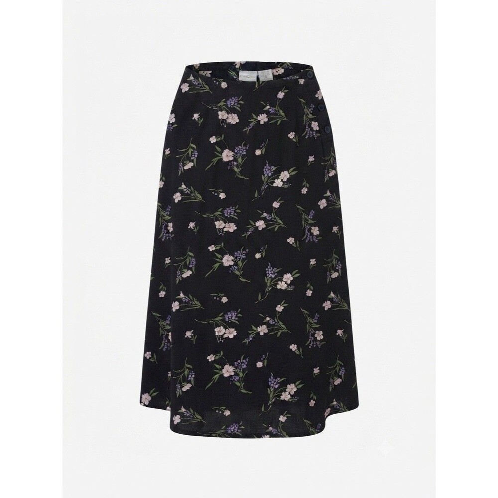 VTG 90s Y2K Cherokee Women’s 10 Midi Skirt Black Floral 100% Rayon Button Side